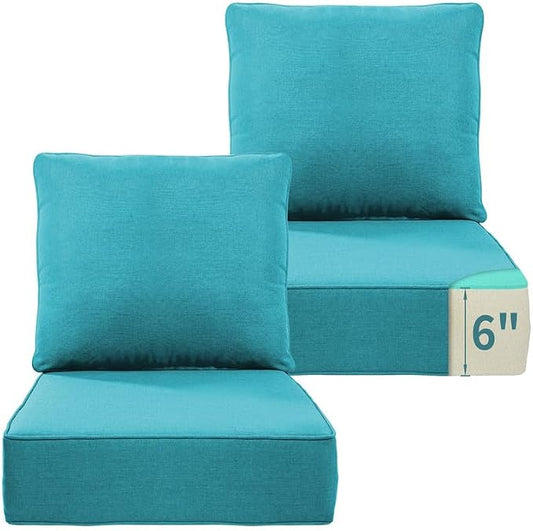 Luxury 22*24*6in Outdoor Patio Cushions, 2 Pieces Teal Outdoor Cushion | 6'' Thick Outdoor Cushions, Water-Resistant, Reversible, Removable Cover, for Patio Chairs Sofa Couch Loveseat