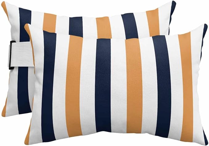 Pack of 4 Outdoor Lumbar Pillow Covers 11x16 Inch, Burnt Orange Navy Blue Striped Waterproof Throw Pillow Covers Set, Farmhouse Stripe Art Indoor&Outdoor Decorative Cushion Cases for Patio Porch Beach