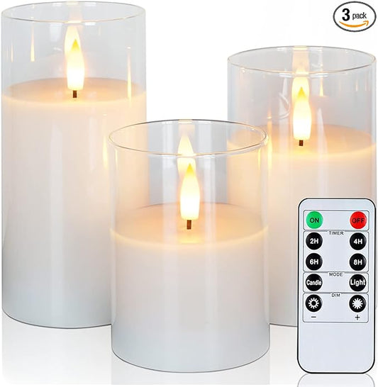 Amagic Clear Glass Flameless Candles Battery Operated with Timer, Remote Control, LED Pillar Candles, Battery Powered, Valentine's Day Decor, Pure White Wax, Set of 3
