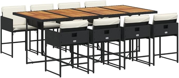9 Piece Patio Dining Set with Cushions, Space Saving PE Rattan Garden Table and 8 Foldable Chairs, Black