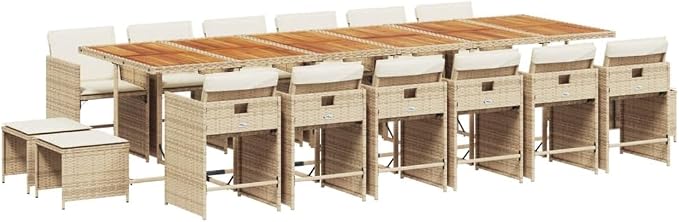 17-Piece Outdoor Patio Dining Set, PE Rattan Garden Table and 16 Chairs Stool Combo, Space-Saving Foldable Design with Cushions, Beige