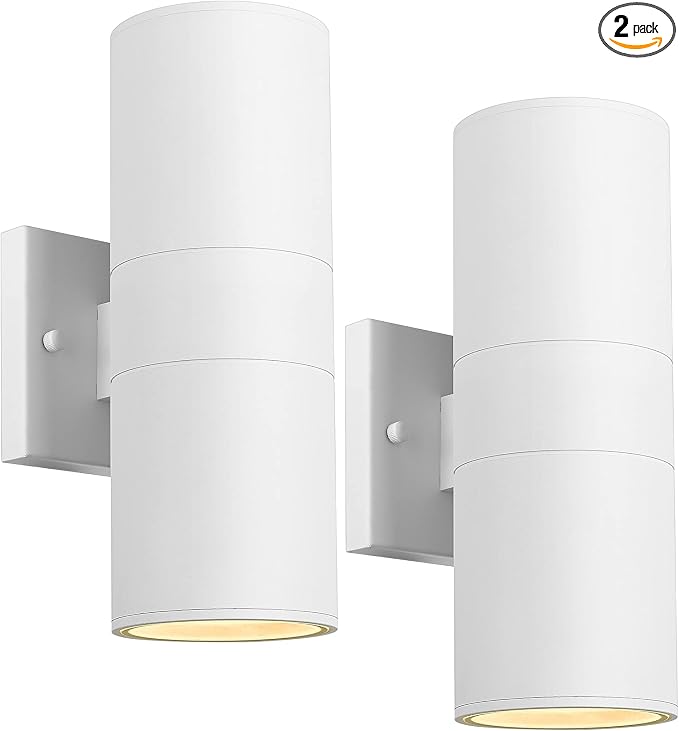 Ken & Ricky Cylinder Outdoor Wall Sconce Lights,Up and Down, White, 2 Pack | Aluminum Waterproof Outdoor Wall light,No Glare,Exterior Lighting Fixtures,E26 Base，For Porch House Garage Front Door Patio