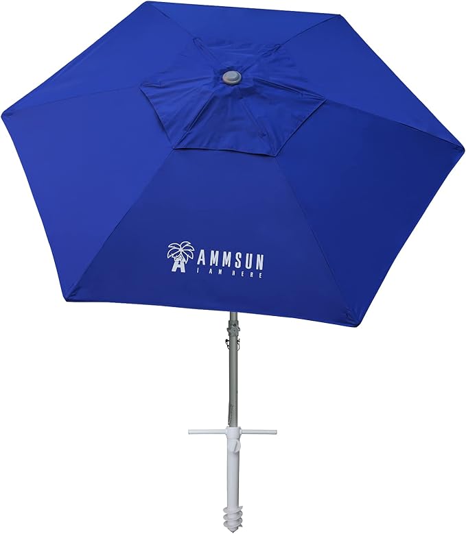 AMMSUN 8ft Large Beach Umbrellas for Sand Heavy Huty Wind Portable Commercial Grade Patio Beach Umbrella with Sand Anchor Adjustable Height Air Vent UPF 50+ Telescoping Pole without tilt Dark Blue