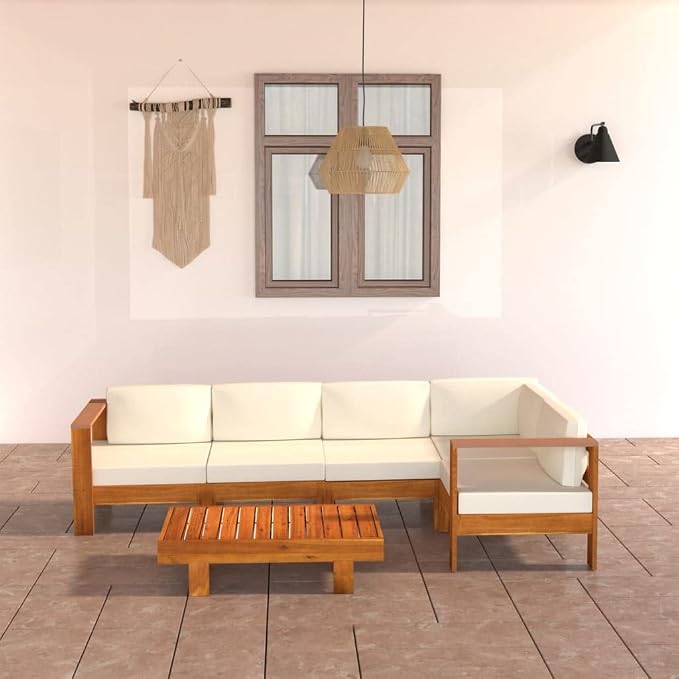 6 Piece Patio Lounge Set with Cream White Cushions,Outdoor Couch,Patio Bar Set,Modern Outdoor Furniture,Dining Bench with Back,Bistro Set,for Patio Deck Garden,Backyard & Lawn,Acacia Wood