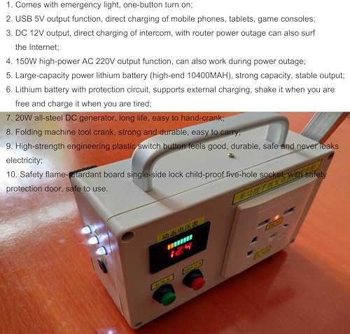 Emergency Hand Generator, 30W/150W/500W Portable Manual Crank Generator with Charger, LED Emergency Light, High-Power Outdoor Emergency Power Supply for Home and Travel