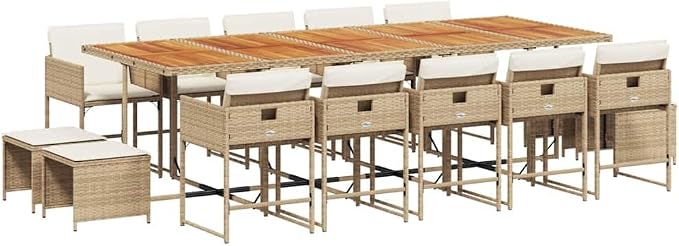 15 Piece Patio Dining Set with Cushions Beige Poly Rattan Outdoor Furniture Table and 10 Folding Chairs with Stools for Garden Backyard Relaxing Dining Space Saving