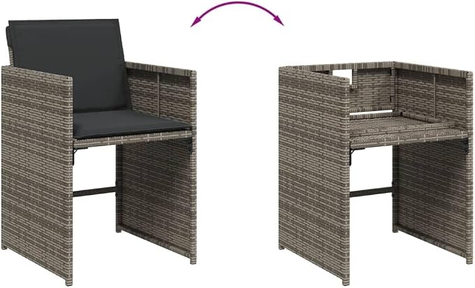 9 Piece Patio Dining Set with Cushions Gray Poly Rattan Outdoor Rattan Sectional Furniture Set for Garden Backyard Deck, UV-Proof Folding Chairs with Removable Cushion Covers Solid Acacia Wood Table