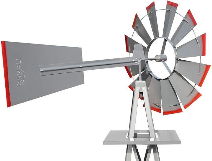 VINGLI Upgrade 8FT Ornamental Windmill Backyard Garden Decoration Weather Vane, Heavy Duty Metal Wind Mill w/ 4 Legs Design, Grey