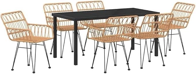 Afuera Living 7 Piece Poly Rattan Garden Dining Set, Rectangular Black Powder-Coated Steel Frame, UV-Resistant Weather-Ready Outdoor Patio Furniture, Armrests, Seating for 6
