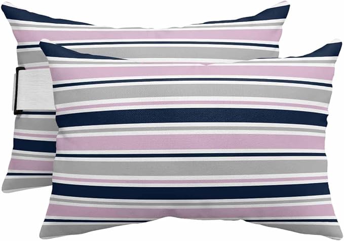 Pack of 2 Outdoor Lumbar Pillow Covers 12x20 Inch, Pink Grey Striped Waterproof Throw Pillow Covers Set, Farmhouse Stripes Modern Abstract Art Outside Decorative Cushion Cases for Patio Porch Car