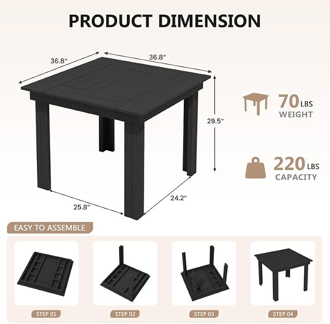 KINGYES 5-Piece HDPE Outdoor Dining Set for 4, Square Patio Table & Armless Chairs with Umbrella Hole, All-Weather Patio Dining Set for Backyard, Garden, Lawn & Poolside, Black