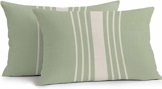 Vandarllin Outdoor Throw Pillows Covers 20x12 inch Set of 2 Waterproof Sage Green Vertical Stripes Decorative Zippered Cushion Covers for Patio Furniture, Classic Striped Linen Lumbar Pillowcases
