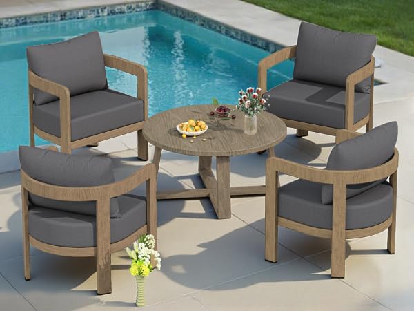 Indoor Round Coffee Table with 35.5” Woodgrain Finish Table Top, Outdoor Metal Modern Side Table 125lbs for Backyard Porch Balcony Living Room, Brown