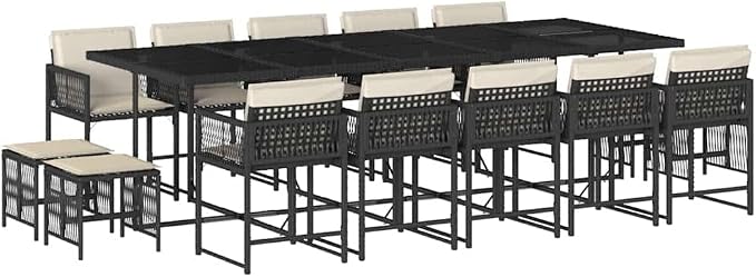 14-Seater Garden Dining Set Black and Cream White PE Rattan Large Outdoor Table with Stackable Chairs and Foldable Stools for Patio Backyard