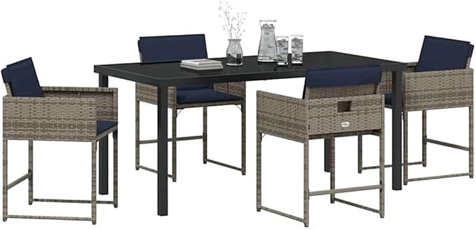 Afuera Living 5 Piece Poly Rattan Patio Dining Set, Gray Finish, Tempered Glass Tabletop, Weather-Resistant Cushions, Powder-Coated Steel Frame, Seating for 4, Modern Style Outdoor Furniture for