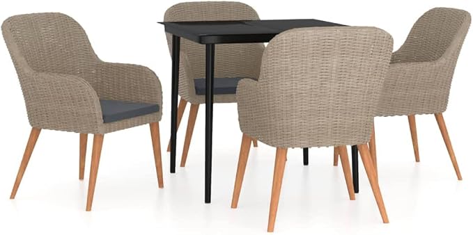5 Piece Patio Dining Set, Brown PE Rattan Wicker Outdoor Dining Table and Chairs with Cushions, Glass Top Bistro Table and 4 Armchairs for Garden, Backyard and Deck