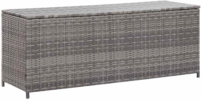 Outdoor Storage Bench with Cushion Holder, 59" Poly Rattan Patio Furniture Box, Waterproof Gray Deck Box for Pillows Blankets Toys, 350lb Capacity Modern Garden Seat