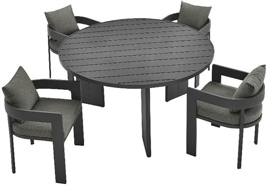 Modway Tahoe Outdoor Patio Powder-Coated Aluminum 5-Piece Dining Set in Gray Charcoal - Round Patio Furniture Set for 4 - Outside Table with Umbrella Hole and Cushioned Chairs - Modern Patio Set