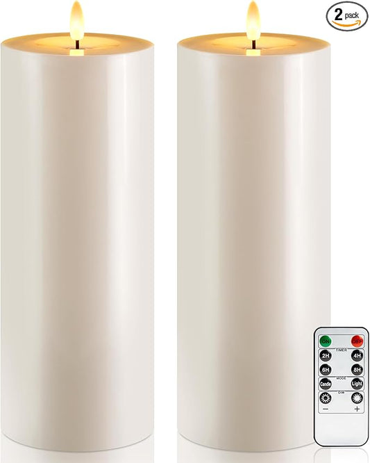 Raycare 2Pcs 4'' X 12'' Large Waterproof Outdoor Flameless Candle, Battery Operated LED Candles with Remote Control and Timer, Electric Fake Plastic Pillar Candles, Ivory