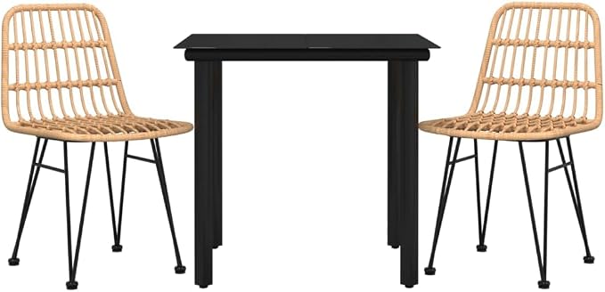 3 Piece Patio Dining Set, Poly Rattan Outdoor Bistro Set with 1 Square Tempered Glass Top Table and 2 Chairs for Backyard, Garden, Balcony and Porch, Black