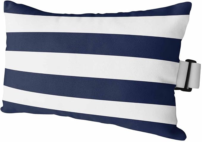 Outdoor Pillow for Chaise Lounge Chair, Simple Stripe Pattern Blue and White Waterproof Headrest Pillow Lumbar Pillows with Adjustable Elastic Strap for Beach, Poolside, Patio, Office (1 Pack)
