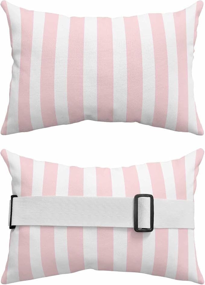 Lumbar Pillow Covers Set of 4, Pink Striped Waterproof Outdoor Chaise Lounge Pillow Covers with Elastic Strap, Modern Farmhouse Pink White Stripes Headrest Pillowcase for Patio, 11 x 16