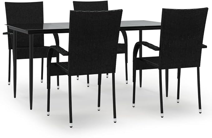 5 Piece Patio Dining Set, Outdoor Wicker Table and 4 Stackable Chairs, Weather-Resistant Poly Rattan Furniture for Garden, Backyard, and Poolside, 63 Inch Table