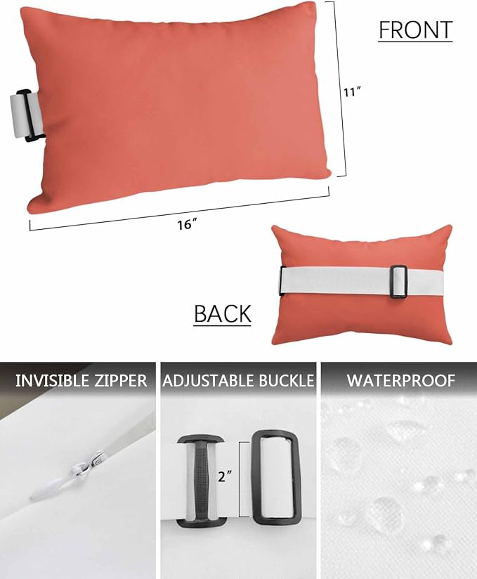 Chaise Lounge Chair Pillow with Strap & Insert Coral Red Outdoor Recliner Head Pillow Pack of 2 Gradient Gradual Color Waterproof Headrest Patio Lumbar Pillow for Beach Pool Office Chair 11x16 Inch