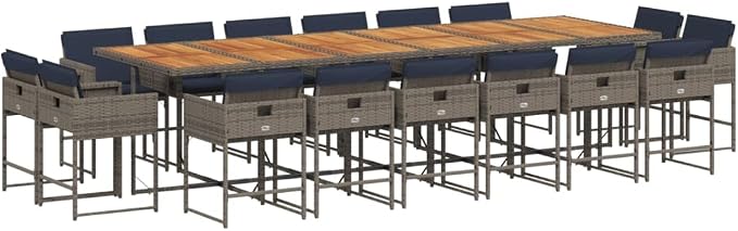 17 Piece Patio Dining Set with Cushions Gray Poly Rattan Outdoor Furniture Table for 16 Seats Foldable Chairs Acacia Wood Top UV-Proof Backyard Garden