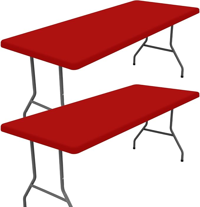 Moosfor Spandex 6 Foot Rectangle Christmas Table Cloth 2 Pack, Elastic Fitted Tablecloths for Picnic, Stretch Washable Patio Table Cover for Outdoor, Camping, Banquet and Parties (Red, 30"x72")