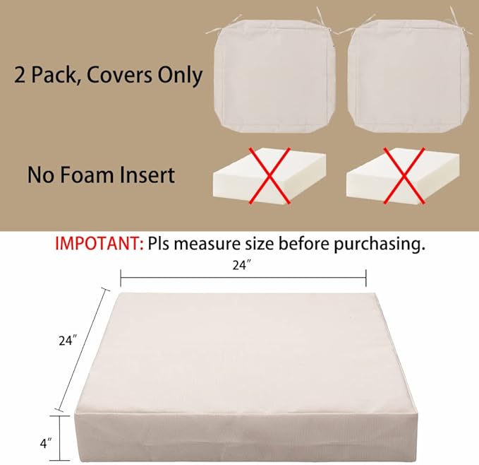 Magpie Fabrics Indoor Outdoor Patio Replacement Cushion Cover with Ties 2 Pack, Loveseat Chair Couch Slipcover Water Repellent UV Resistant Decor for Home Garden(Recycled Cream White, 24x24x4 Inch)