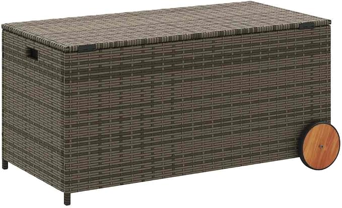 Large 50.4 Gallon Garden Storage Box with Wheels, Grey PE Rattan Woven Outdoor Patio Storage for Cushions and Blankets