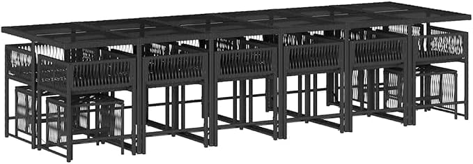 17-Piece 16-Person Outdoor Patio Dining Set with Cushions, Large 130 Inch Rectangular Tempered Glass Table and Foldable Rattan Chairs for Garden and Backyard, Black and Cream