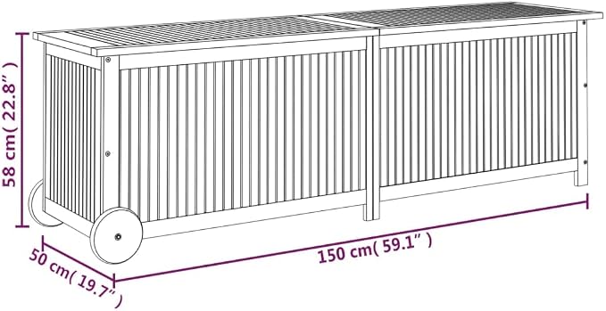 Solid Acacia Wood Patio Storage Box with Wheels 59.1"x19.7"x22.8" Water-Resistant Inner Bag for Outdoor Furniture Cushions Deck Poolside Storage
