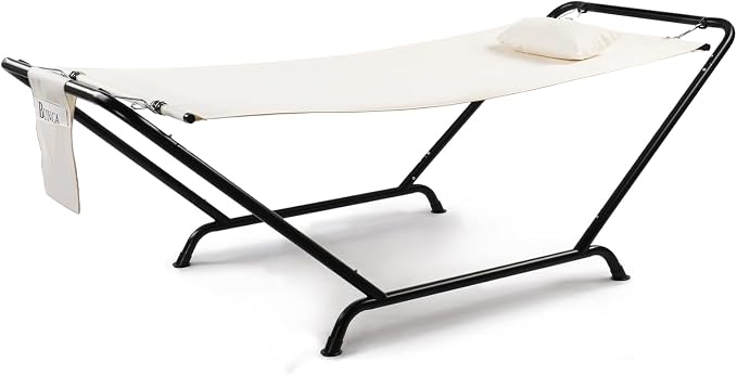 Freestanding Hammock with Stand 600 lbs Heavy Duty Outdoor Hammock Bed Double‑Layer Oxford Fabric with Soft Pillow and Storage Bag Tool‑Free Assembly Beige