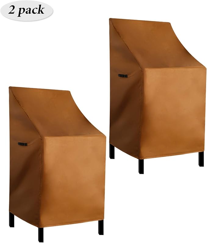 RosieLily High Back Patio Chair Covers - Waterproof Heavy Duty Stackable Outdoor Bar Stool Cover - Brown Furniture Covers for Outside Lounge, Deep Seat, Lawn Chairs - 2 Pack