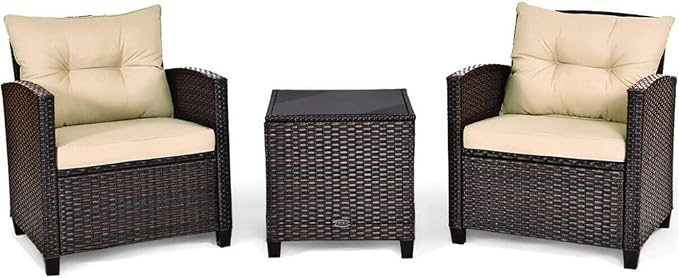 3PCS Patio Rattan Furniture Set Cushioned Conversation Sofa Coffee Table for Your Outdoor Space(Black)