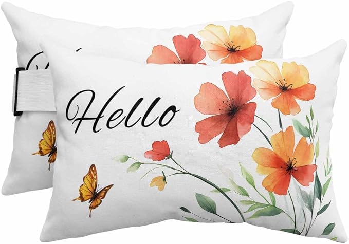 Pack of 2 Outdoor Lumbar Cushions with Inserts, Hello Elegant Butterfly Flowers Plants Waterproof Fluffy Fade Body Pillows, Patio Furniture Pillow for Home Balcony Garden Decor 12x20IN