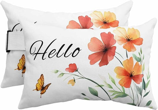 Pack of 2 Outdoor Lumbar Cushions with Inserts, Hello Elegant Butterfly Flowers Plants Waterproof Fluffy Fade Body Pillows, Patio Furniture Pillow for Home Balcony Garden Decor 12x20IN