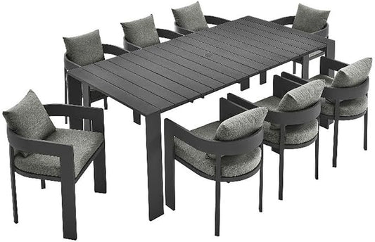 Modway Tahoe Outdoor Patio Powder-Coated Aluminum 9-Piece Dining Set in Gray Gray - Rectangular Patio Furniture Set for 8 - Outside Table with Umbrella Hole and Cushioned Chairs - Modern Patio Set