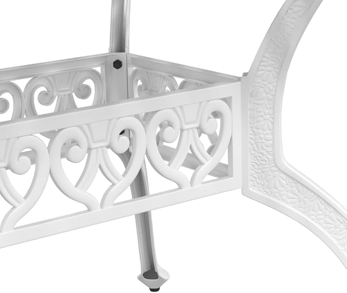 7 Piece Patio Dining Set, White Cast Aluminum Outdoor Table and 6 Chairs for Backyard, Garden and Lawn, 59-Inch Rectangular Dining Table with Umbrella Hole