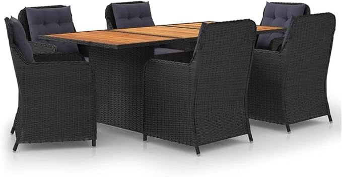 Afuera Living 7-Piece Patio Dining Set, Black Powder-Coated Steel Frame, Acacia Wood Tabletop, Poly Rattan Chairs with Removable Weather-Resistant Cushions, Comfortable Outdoor Garden Terrace