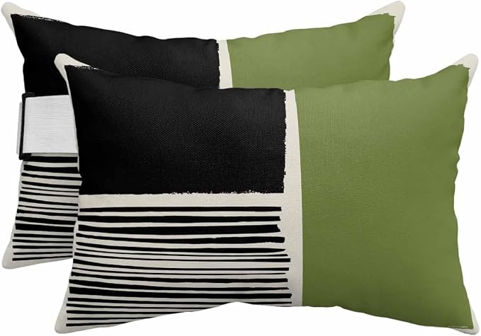 Pack of 4 Outdoor Lumbar Pillow Covers 12x20 Inch, Sage Green Black Waterproof Throw Pillow Covers Set, Farmhouse Striped Modern Abstract Art Outside Decorative Cushion Cases for Patio Porch Car