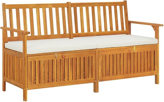 Patio Storage Bench with Cream White Cushion, Outdoor Wooden Deck Box, Solid Wood Patio Furniture for Outdoor Cushions, Pool Storage and Garden Tools, 58.3"x24.4"x33.1", -331
