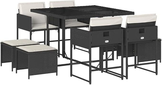 9-Piece Garden Dining Set, Black and Cream White Rattan Patio Furniture Set with Stackable Chairs, Cushions and Table Cover for Backyard, Deck and Terrace