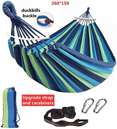 Outdoor Hammock Portable Garden Hammock Sports Home Travel Camping Swing Canvas Stripe Hang Bed Hammock Double Single People (260x150 Blue Upgrade)