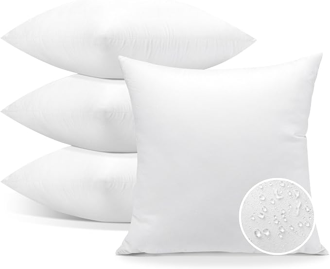 OTOSTAR Waterproof Outdoor Throw Pillow Inserts, Set of 4 Water Resistant Square Form Cushion Stuffer for Garden, Bench, Patio - Decorative Outdoor Sofa Pillows Inserts White, 20x20 Inches