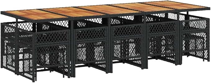 15-Piece Outdoor Dining Set, Poly Rattan and Acacia Wood Patio Table and Chairs for 14 People, Foldable Furniture for Garden, Backyard, Balcony, Black and Cream