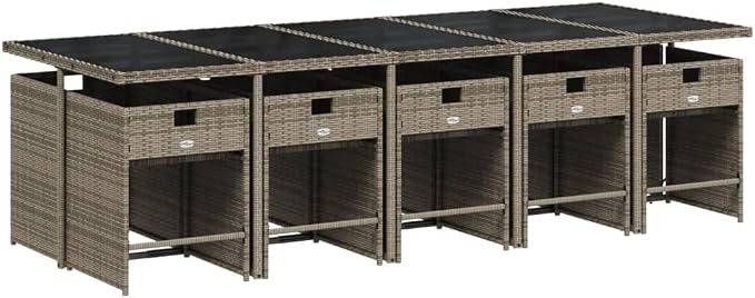 11-Piece Patio Dining Set Gray Poly Rattan with Cushions & Tempered Glass Table, Outdoor Furniture Set for Garden Backyard Balcony Porch