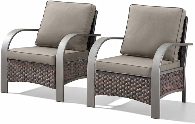 Belord Wicker Patio Chairs Set of 2-300LBS Weight Capacity Oversize Outdoor Patio Chairs with High Backrest Metal Curved Armrest, All Weather PE Rattan Outdoor Seating for Porch Deck Backyard